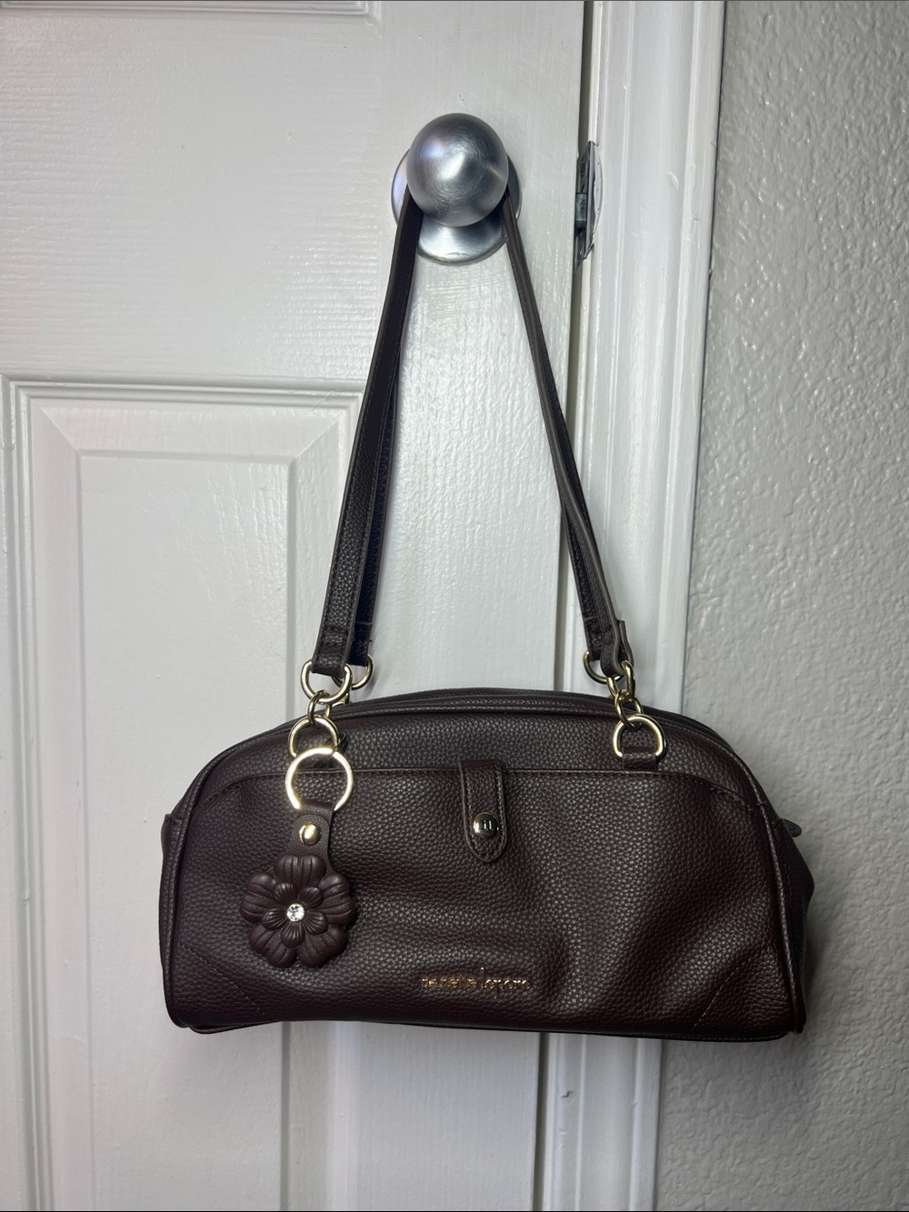 Nanette Lepore Dark Brown Pebbled Shoulder Bag with Floral Charm
